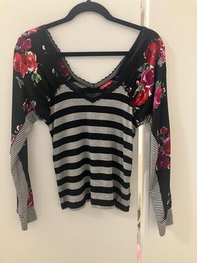 Chacok France Vintage Y2K Shirt Top Stripe Floral V Neck Back Slim Sz 1 S.